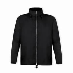 A black lightweight jacket featuring a zip front, high collar, and adjustable drawstring at the hem.