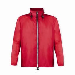 A red windbreaker jacket with a zip front, adjustable hood, and drawstring at the hem.