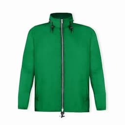 A green jacket with a zip front, high collar, and toggle adjustments at the neck. Features side pockets.
