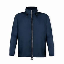 A navy blue lightweight jacket featuring a zip front, drawstring hood, and two side pockets.