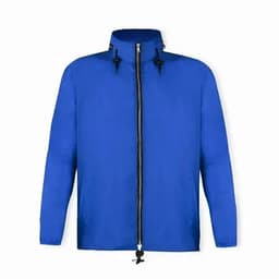 A blue windbreaker jacket with a zip front, adjustable neck, and drawstring hem. It features two side pockets.