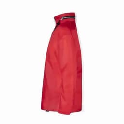 A red jacket featuring a high collar and a zip closure, shown from the side. It has a minimalist design.