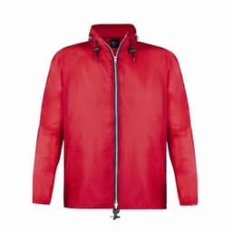 A red rain jacket with a hood, featuring a front zipper and drawstring adjustments. It has two side pockets and a branded logo.