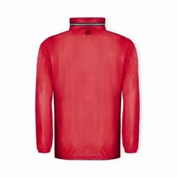 A red jacket with a high collar and long sleeves, featuring a striped trim at the neckline and a plain back.