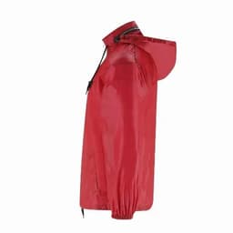 A red rain jacket with a hood and elasticised cuffs, featuring a logo on the chest.