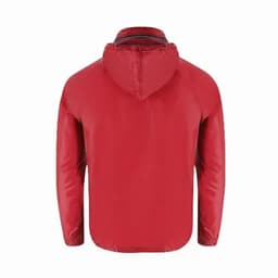 A red rain jacket featuring a hood, showcasing the back view, with a logo on the chest area.