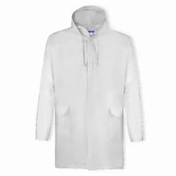 A white waterproof raincoat with a hood and two front pockets. The coat features a zip closure and a loose fit.