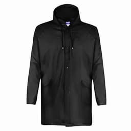 A black raincoat with a hood, featuring front pockets and a button-up closure. It has a simple design and no visible branding.