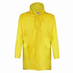 A yellow raincoat with a hood, featuring raglan sleeves and front pockets. It has a simple, unbranded design.