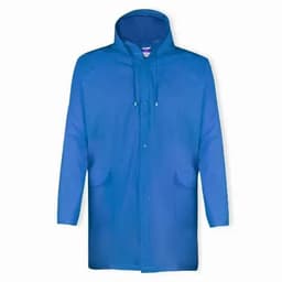 A blue raincoat featuring a hood and two front pockets, designed for protection against wet weather.