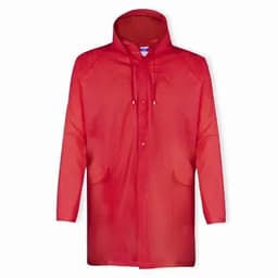 A red raincoat with a hood, featuring two front pockets and a button-up design. It has a simple, smooth texture.