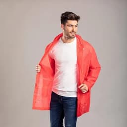 A man in a red jacket poses against a neutral background, showing the interior of the jacket.