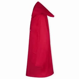A red raincoat with a hood, featuring a long, straight design and pockets on the front.