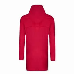 A red long jacket with a hood, featuring a simple design and a plain back.