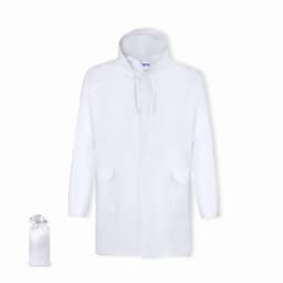 A white raincoat with a hood and two front pockets, accompanied by a small pouch for storage.