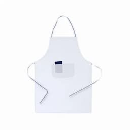A white apron with a pocket, featuring ties on the sides and a simple design.