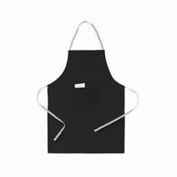 A black apron with white ties and a front pocket, featuring a small logo on the chest area.