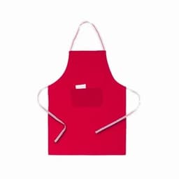 A red apron with a front pocket and strings for securing around the neck and waist.