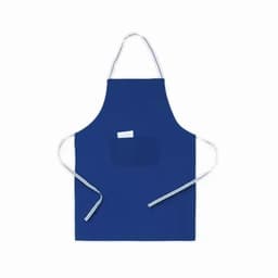 A blue apron with a front pocket and ties on either side. It has a logo on the pocket area.