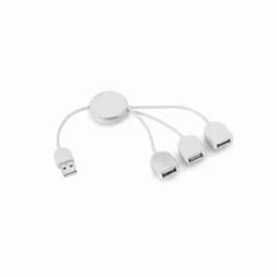 A USB hub with a round base and three white USB ports attached by cables.