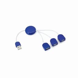 A USB hub with a circular blue body and three blue USB ports, connected by white cables.