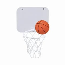 A basketball hoop with a white backboard and an orange basketball entering the net.