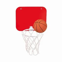 A basketball hoop with a red backboard and an orange basketball positioned on the edge of the net.