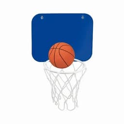 A basketball hoop with a blue backboard and an orange basketball resting on the rim.