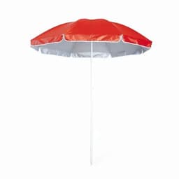 A beach umbrella with a red canopy and white underside, featuring a straight white pole and a simple design.