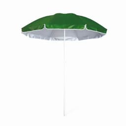 A green and white beach umbrella with a solid canopy and a straight white pole. It features a rounded shape.