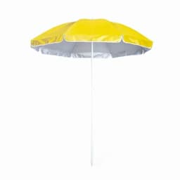A beach umbrella in yellow and grey, featuring a white pole and edge detailing. It has a logo on the top.