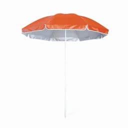 A beach umbrella with an orange top and white underside, supported by a white pole.