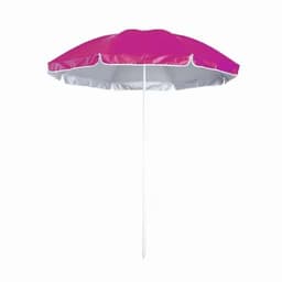 A beach umbrella in vibrant pink and white, featuring a central pole for support.