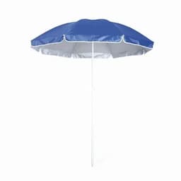 A beach umbrella with a blue top and silver underside, mounted on a white pole, featuring a simple design.
