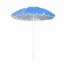 A beach umbrella with a blue canopy and a white pole, featuring a silver trim around the edges.