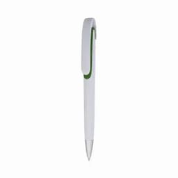 A pen featuring a white body with a green accent and a silver tip, complete with a clip.