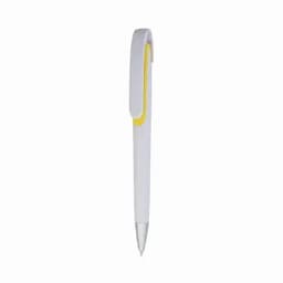 A white pen with a yellow grip and a silver metallic nib, featuring a simple design.