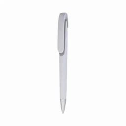 A white pen with a sleek design and a clip on top. It has a silver tip for writing.
