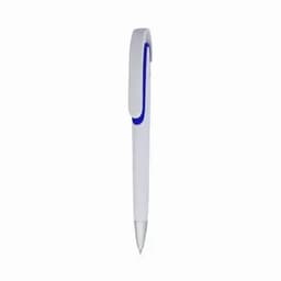 A white pen with a blue accent and a clip, featuring a sleek and minimalist design.