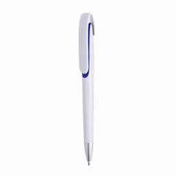 A white pen with a blue accent and a silver tip, featuring a clip on the top.
