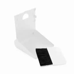 A white cleaning brush with a protective cover, featuring a black bristle head, displayed open with the cover beside it.
