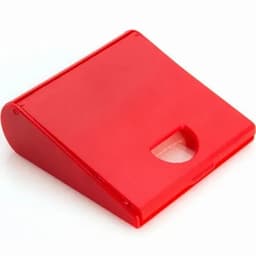 A red promotional product with a sleek design and a cut-out handle, featuring a logo.