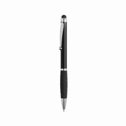 A black pen with a shiny silver clip and rubber grip, featuring a stylus tip at the opposite end.