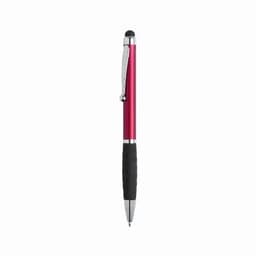 A pink ballpoint pen with a black rubber grip and a stylus tip, featuring a silver clip and accents.