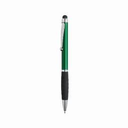 A green pen with a chrome clip and black rubber grip, featuring a stylus tip.