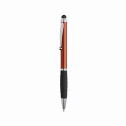 A pen featuring a vibrant orange body, silver accents, and a black grip for comfortable writing.