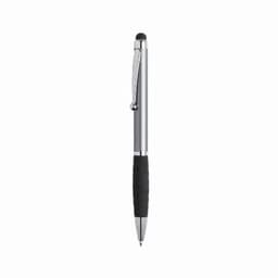 A pen with a sleek silver body and a black textured grip, featuring a stylus tip at the top.
