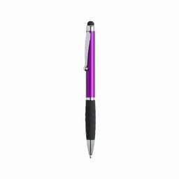 A pen with a metallic purple body, black rubber grip, and chrome accents. It features a stylus tip on the end.