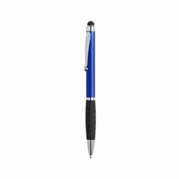 A blue pen with a black rubber grip and silver accents, featuring a stylus tip at the end. It has a logo on the barrel.
