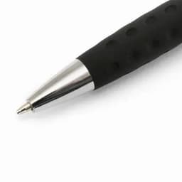 A black pen with a textured grip and a shiny silver tip, featuring a sleek design and a logo on the barrel.
